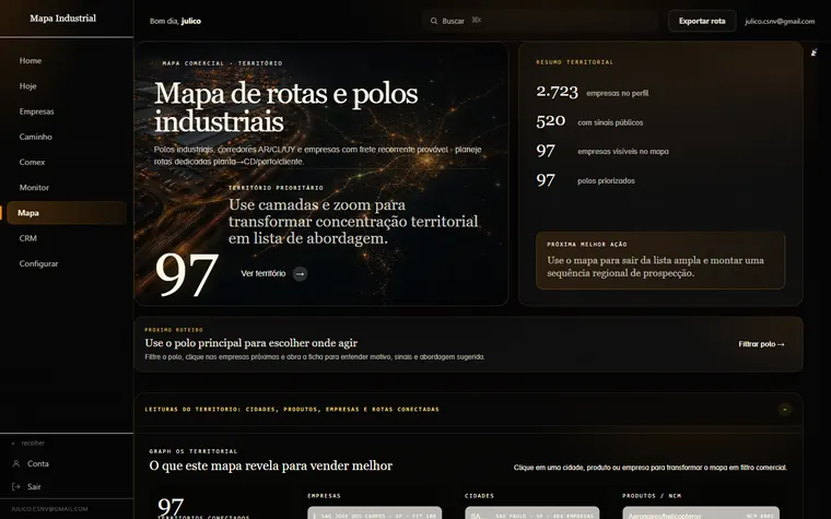 Tela real do portal Mapa Industrial: Mapa e rotas
